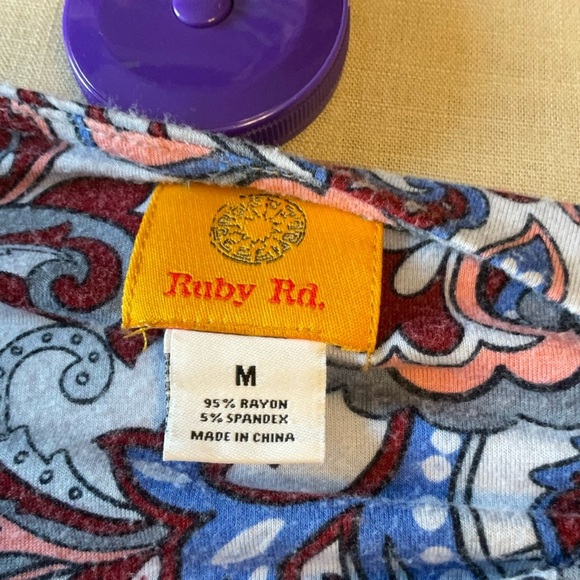 Ruby Rd. Asymmetrical Brown and Blue Tunic with 3/4 Sleeves - Picture 5 of 7